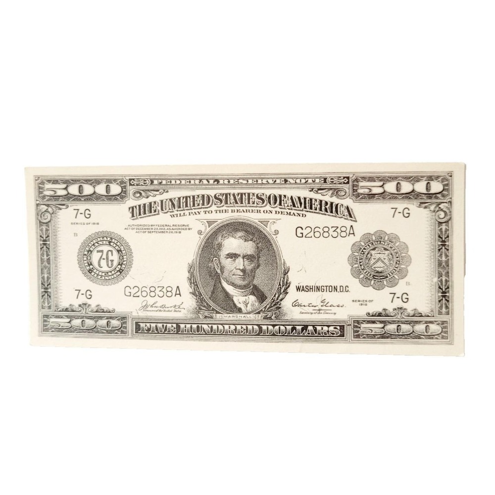 Vintage 90s John Marshall laminated Bookmark ,Series 1918 $500 bill Reserve Note